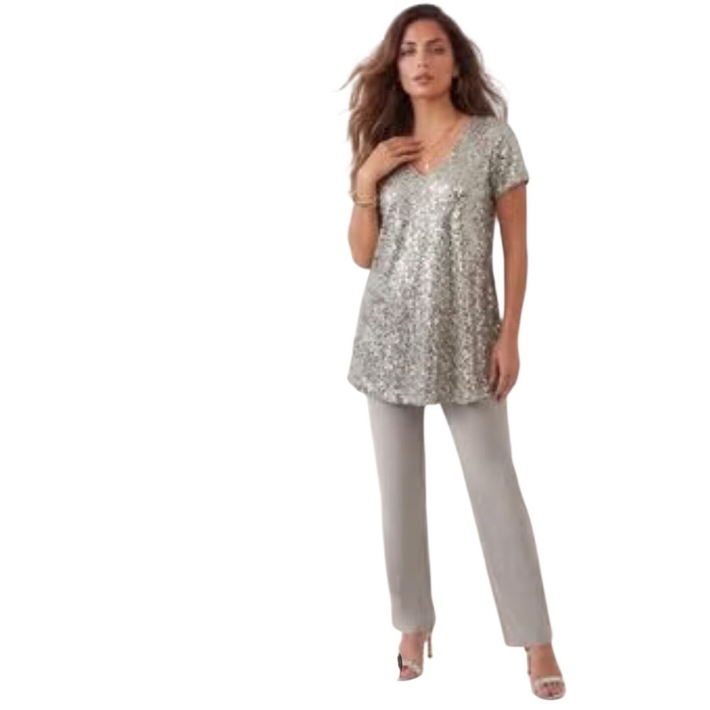 Roamans Womens 30 Silver Sequin V-Neck Short Sleeve Party Top 03-0112-7 festival